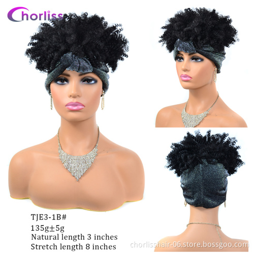 Wholesale Fashion Headbands Black Short Afro Wig Synthetic Braiding Wigs African Kinky Curly Box Wrap Puff Turban Hair